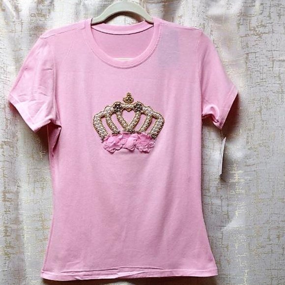 QUEEN Crown Rhinestone/Pearls HANDMADE, Ladies Tee, Bling T-Shirt, PINK - Picture 5 of 5